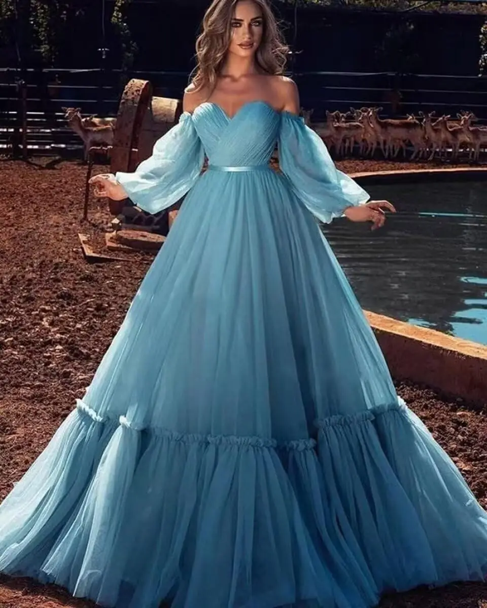 

Women’s A Line Off Shoulder Prom Dress Sweetheart Neck Tulle Long Formal Evening Party Gown with Train Birthday Party Dresses