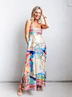 2025 Summer Fashion New Women's Elegant Dress Printed High Waist Vacation Style Big Swing Vacation A-line Long Dress