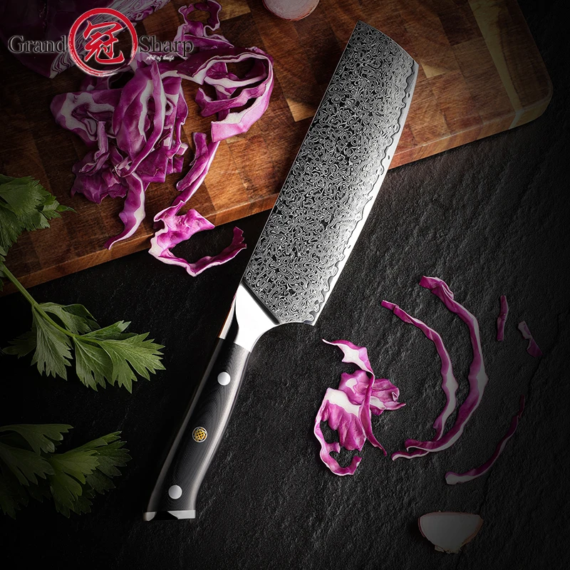 Grandsharp 6.7 Inch Nakiri Knife Professional Damascus Steel AUS-10 Sharp Blade G10 Handle Chopping Knives Cooking Tool with Box