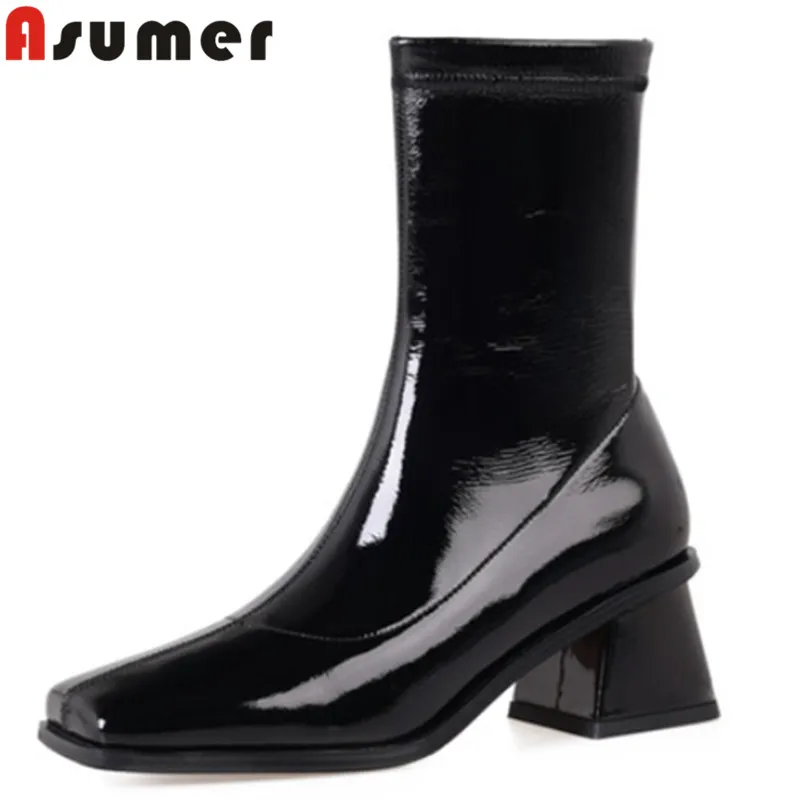 

ASUMER 2024 New Square Toe Patent Leather Women Ankle Boots Square Med Heels Dress Shoes Top Sale Female Slip On Spring Boots