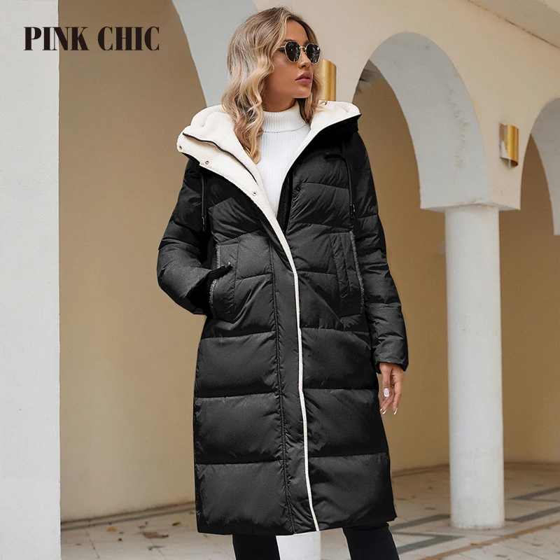 PINK CHIC 2023 Winter Coat For Women Down Jackets Fashion Thick Padding Women\'s Parka Warm Fur Collar Hooded Long Female 8268