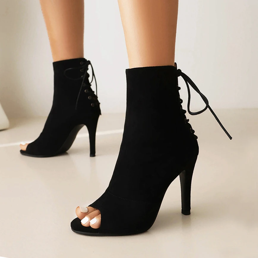 New Style Ladies Peep Toe Ankle Boots Women Suede High Heels Back Lace-Up Dance Shoes Lady Black Sexy fish mouth Booties 42