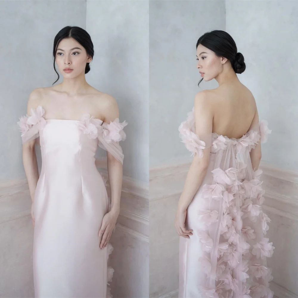 

Customized Strapless Short Sleeves Delicate Cocktail Dress Straight Ankle Length Soft Evening Dress Flowers Fashion Prom Dress