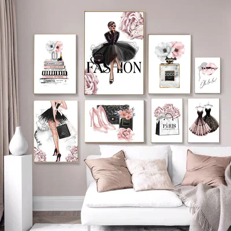 Fashion Woman Perfume Poster Prints Pictures Pink Flower Sexy Lip Make Up Girls Wall Art Canvas Paintings for Nordic Room Dec