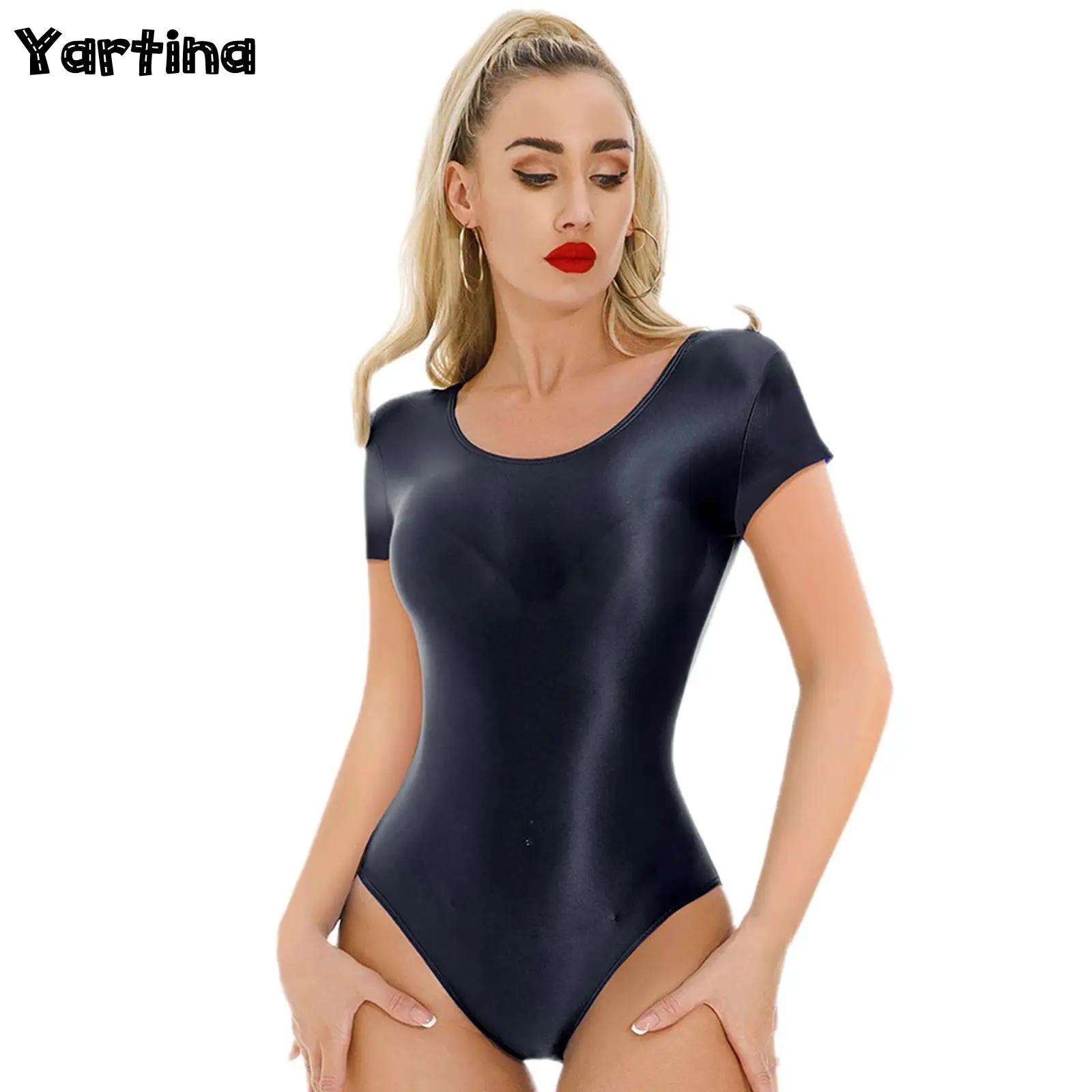 

Women's Bikini Swimsuit Glossy Bodycon Stretchy Leotard Bodysuit Swimwear Crew Neck Short Sleeve High Cutting Jumpsuit Nightwear