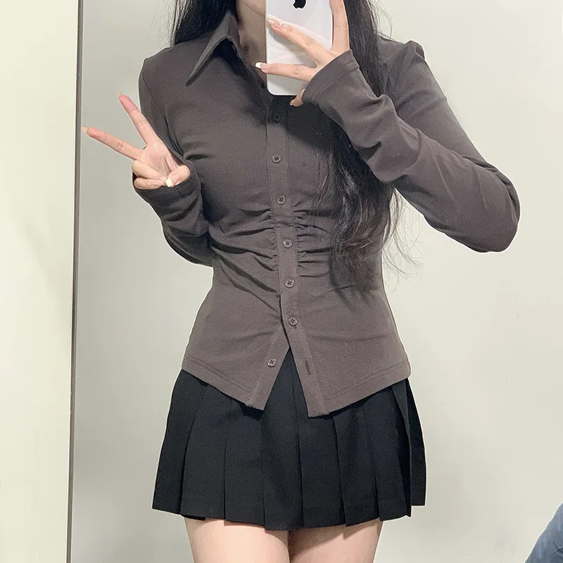 Pure Desire StyleJK Slim Shirt for Women,Long&Short Sleeve Gray Top,Fashionable Slim Fit Spice Girl Blouse for Spring Daily Wear