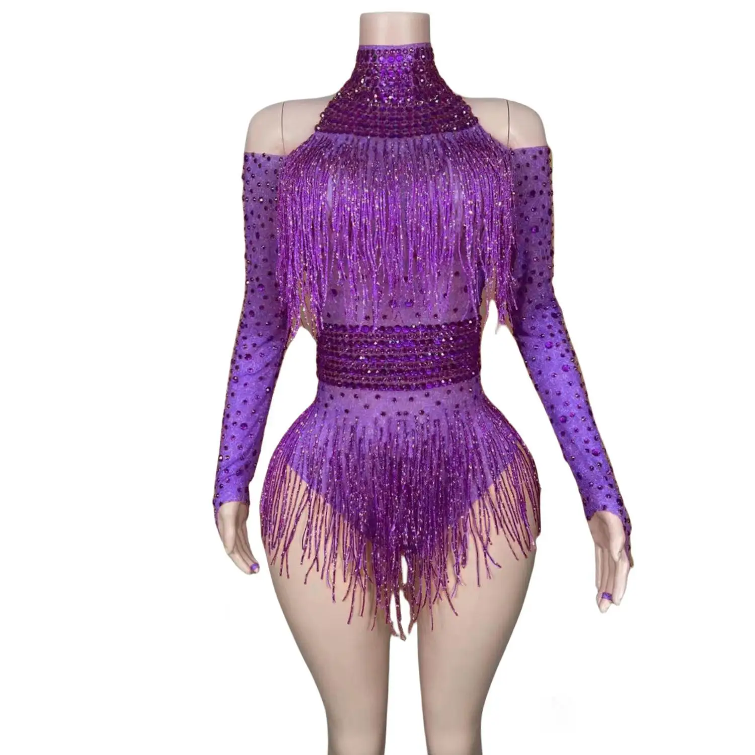 

Fashion Fringe Stretch Rhinestone Body Suits for Women Long Sleeve Party Drag Queen Bodysuits Stage Wear Night Dance Costume