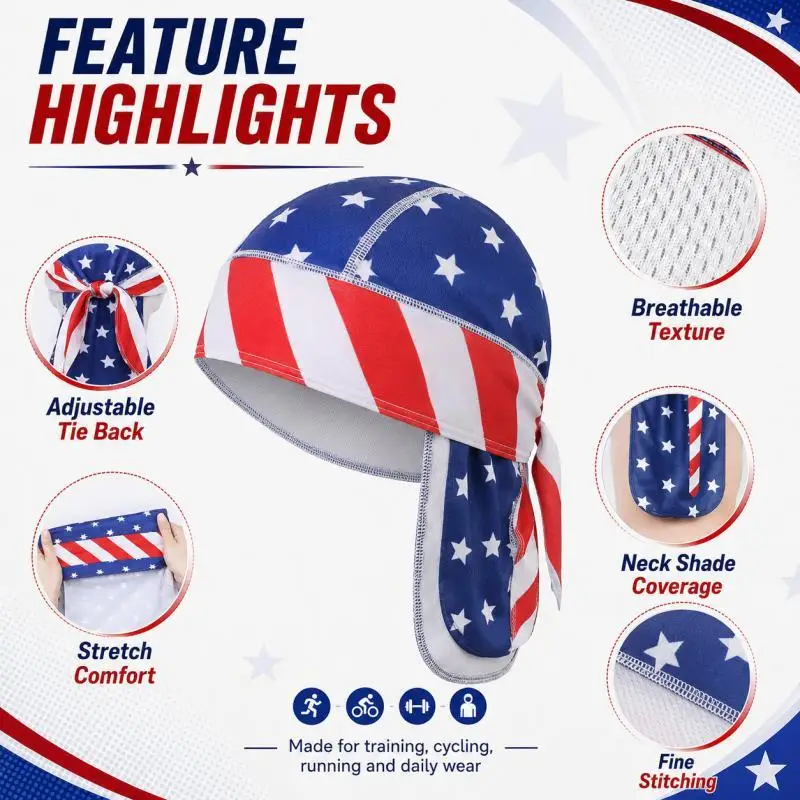 Stars & Stripes Cycling Bandana Cap, Biker Skull Cap, Tie Back Pirate Head Wrap for Men Women, Running Riding Outdoor Sports