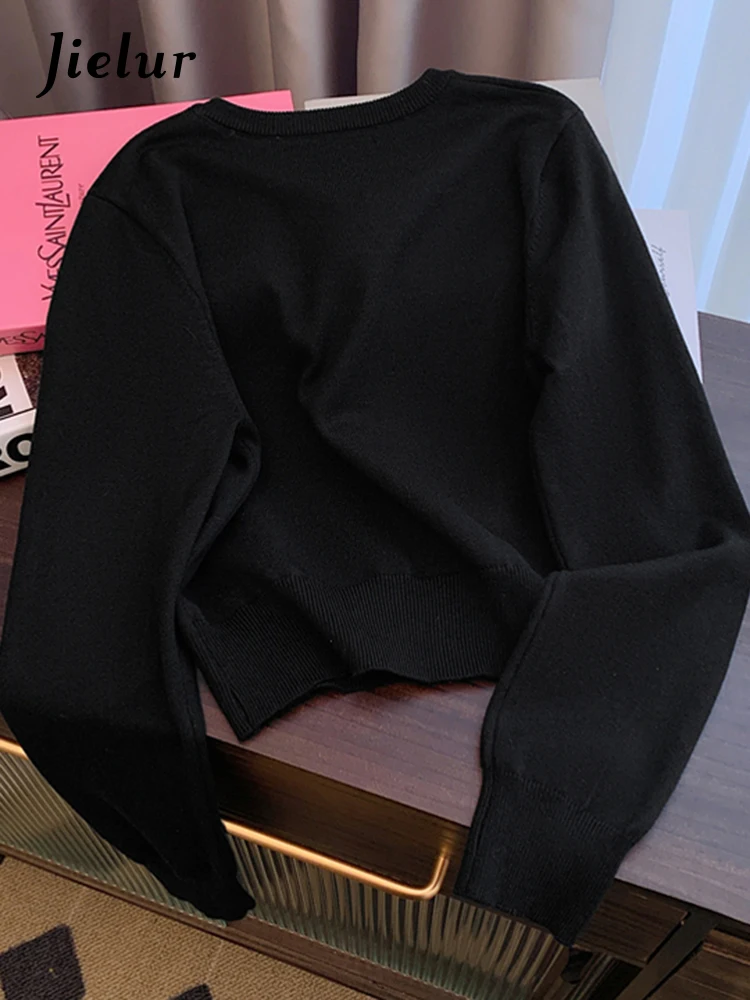 Jielur Black Knitting Loose Sexy Women's Cardigan Office Lady O-neck Single Breasted Chic Solid Color Casual Female Streetwear