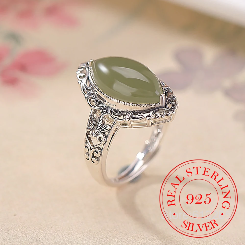925 Sterling Silver Jewelry Natural Jade Hollow Fortunes Open Finger Rings for Women Wedding Party Jewelry For Girl Friend Gift
