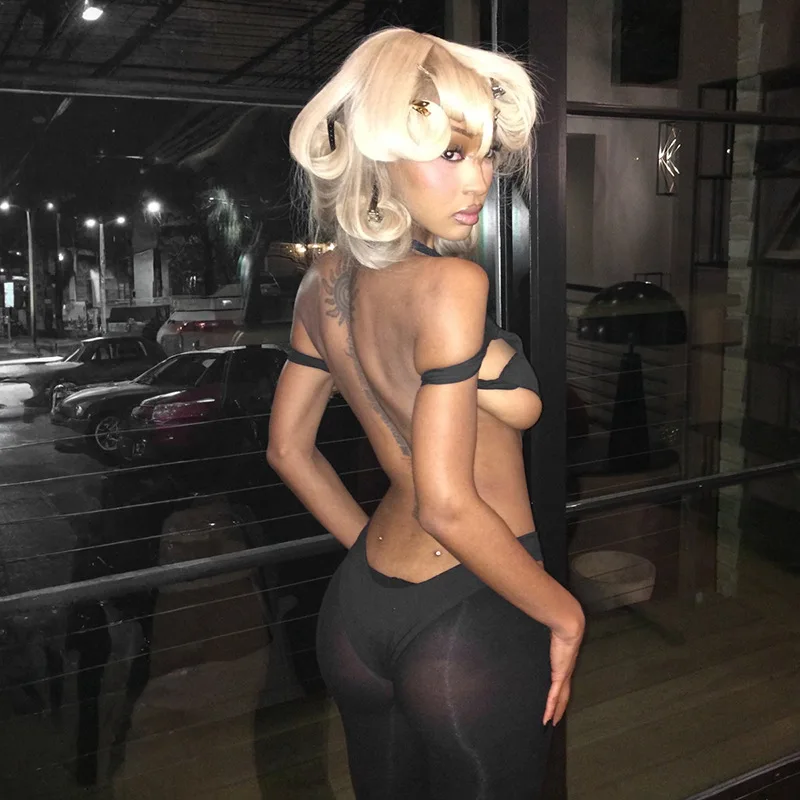 Gtpdpllt Sexy Black Bodysuit Lingеrie Woman Summer Rave Festival Clothing Hollow Out Halter Top Backless Bodysuits Clubwear