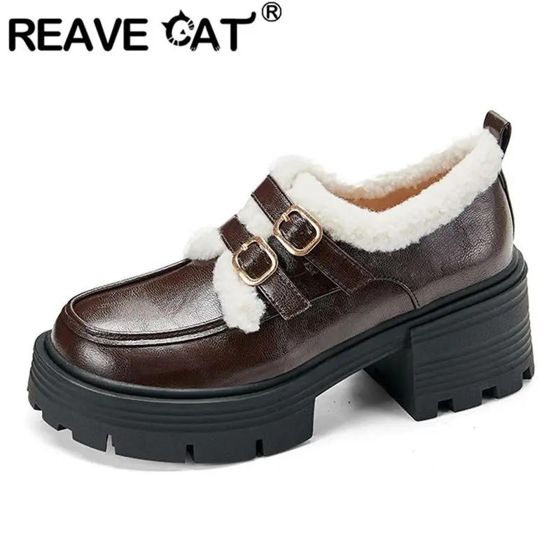 

REAVE CAT Pumps Round Toe Chunky Heel 6.5cm Platform Size 41 42 43 Plush Leisure Daily Shoes