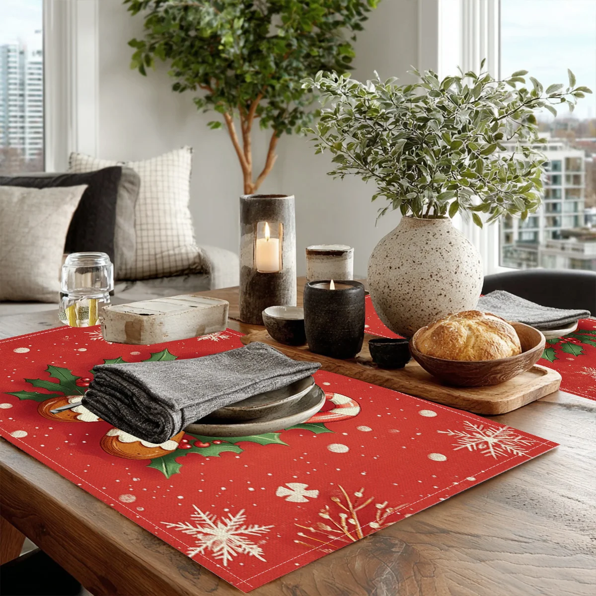 4pcs Festive Christmas Placemats Snowflake Gingerbread for Man Design, Polyester, 18x11.8 Inch, Hand Wash Only
