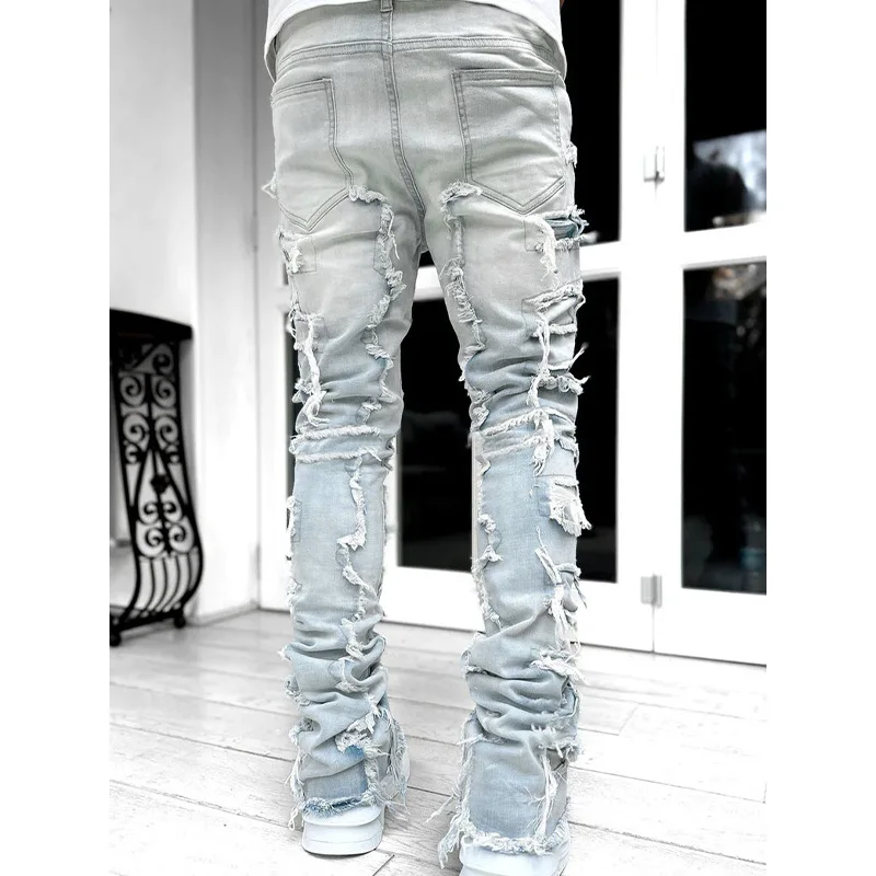 Men's Light Blue Heavy Distressed Stacked Jeans High Street Ripped Denim Pants