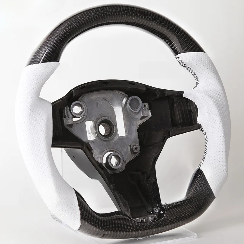 For Tesla Model 3 Y Steering Wheel Horn Cover White Perforated Leather Black Carbon Fiber Custom Horn Shell - view 2