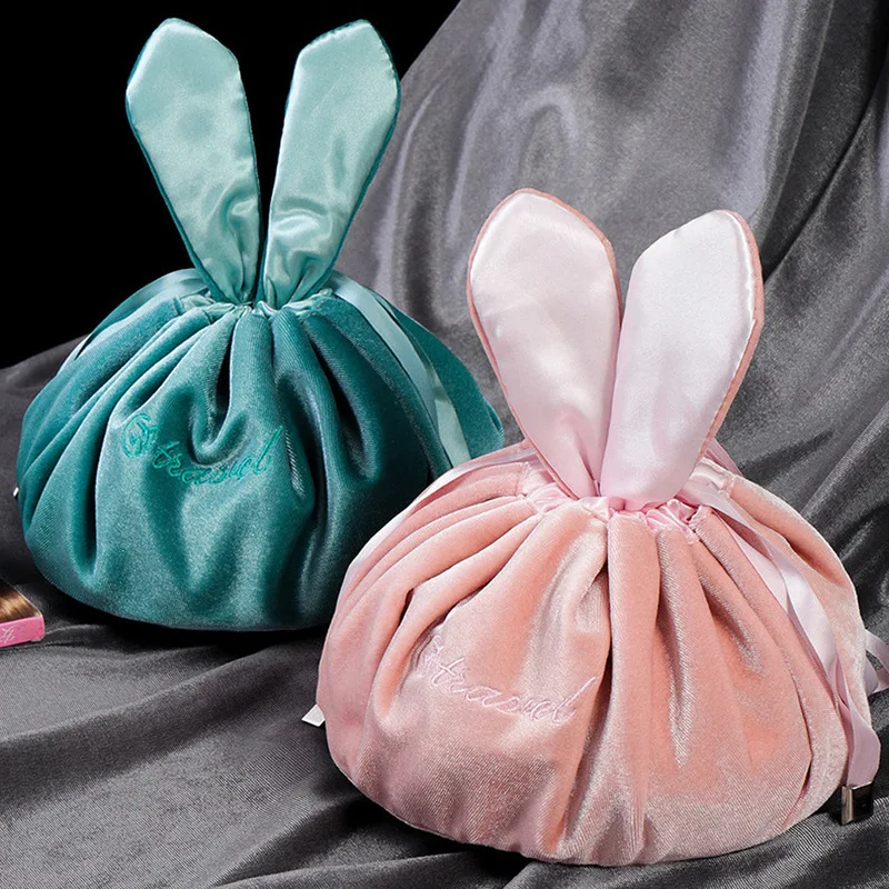 1PCS Cosmetic Bag Round Velvet Soft Makeup Bag Drawstring Rabbit Ear Travel Make Up Organizer Female Toiletry Storage for Gift