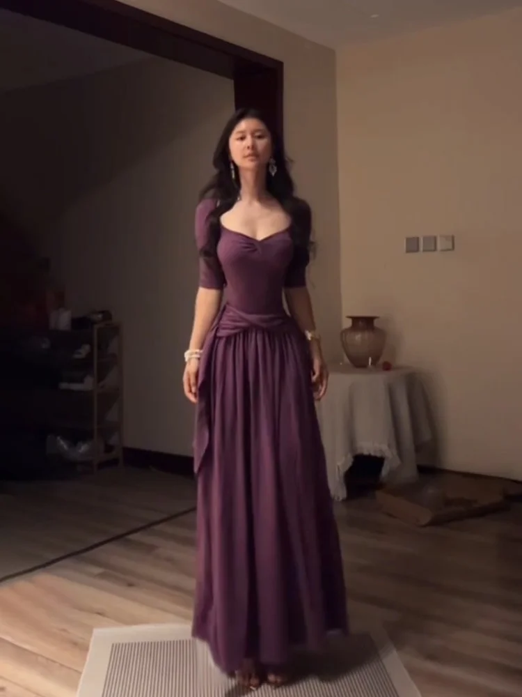 

Uomosi STAZF7 plus Size Women's Long V-neck A-line Skirt Purple Slimming High Waist Vintage Style Summer Dress