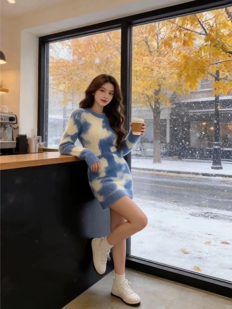 Autumn Winter Lazy Style French Crew Neck Knitted Dress Fitted Waist Bodycon Short Gown Unique Design
