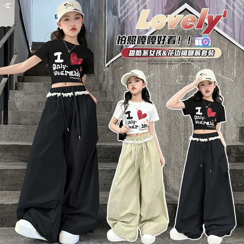 Teen Girls Wide leg pants Summer Cotton Sequin embroidered love tops T-shirt Lace loose trousers junior child kids outfits 4-14Y