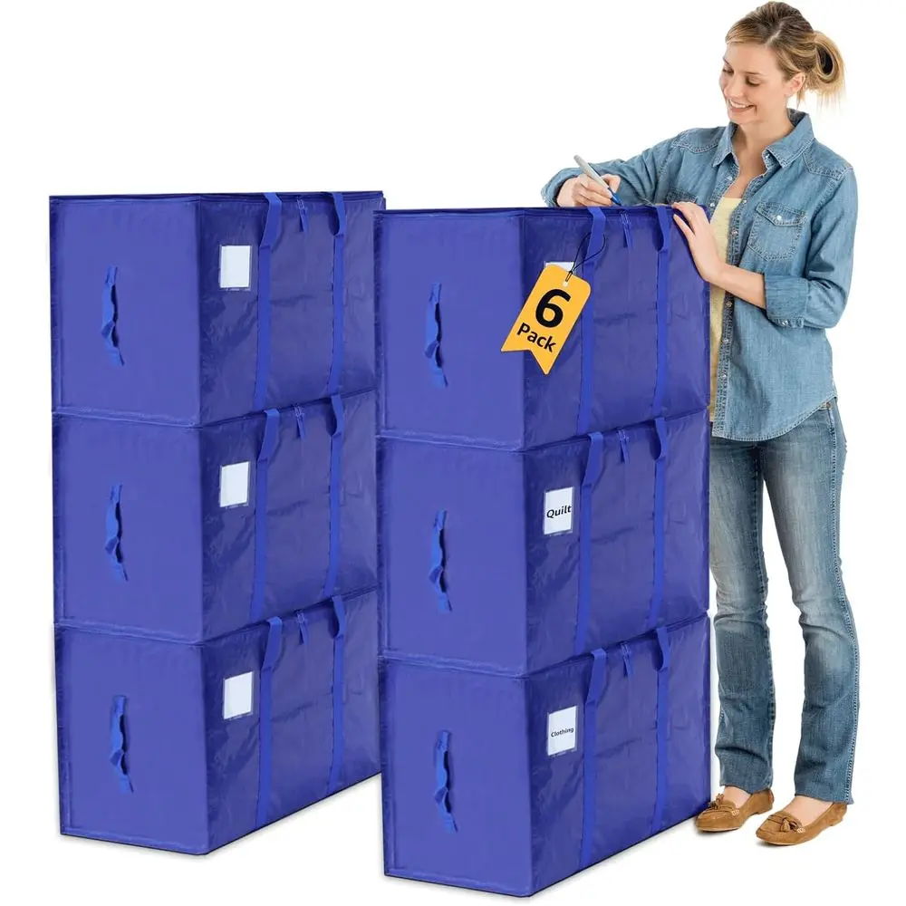 

Extra Large Heavy-Duty Moving Bags, Essential Supplies, Blue Lidded Storage Bins, Plastic Totes, and Zippered Cloth Storage Bags