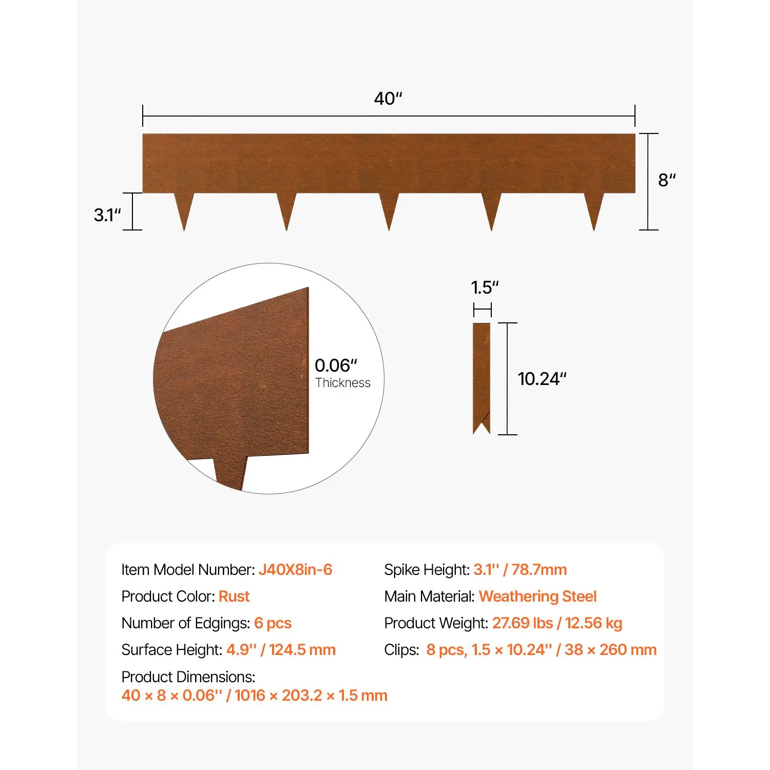 Steel Landscape Edging, 6 Packs 40 x 8 in Weather-Resistant & Pre-Rust Metal Landscape Edging, Bendable Garden Edging Border, Shark Spike, Lawn Edging for Flower Bed Yard Pathway Divider