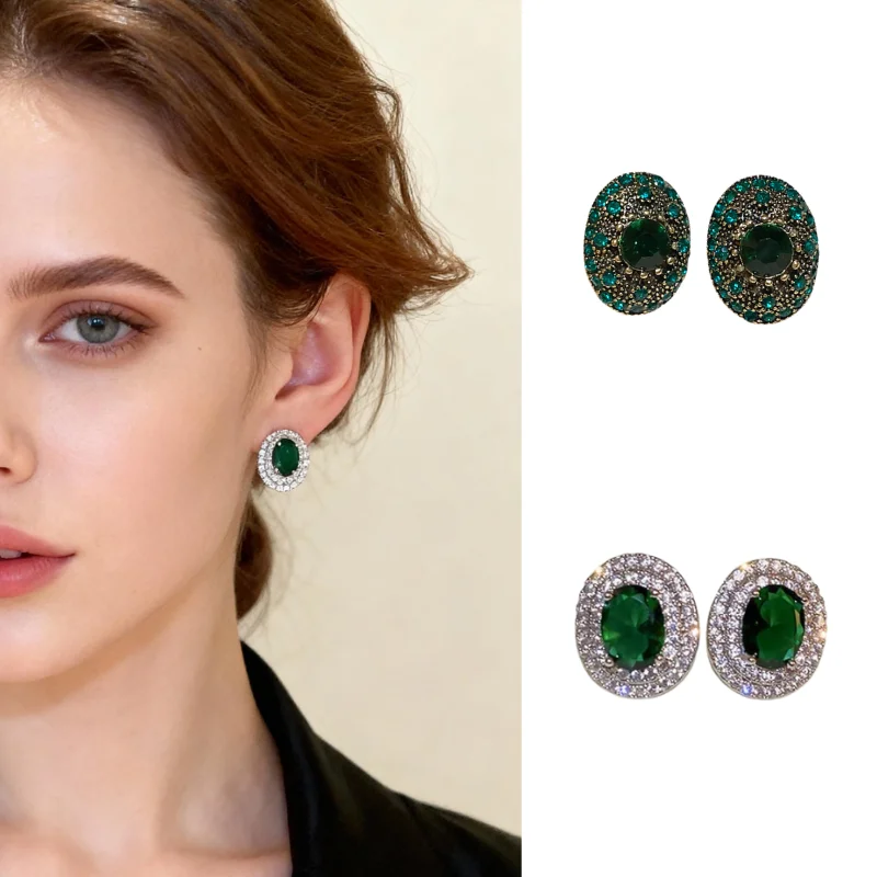 

Green Rhinestone Oval Stud Earrings Retro-Chic Niche Trend Versatile Earrings Luxury-Inspired Sophisticated Vintage-Style