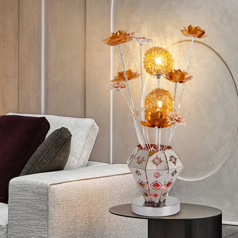 New living room table lamp high-end bedroom bedside lamp hollow European-style engraved ornament LED color-changing vase raw