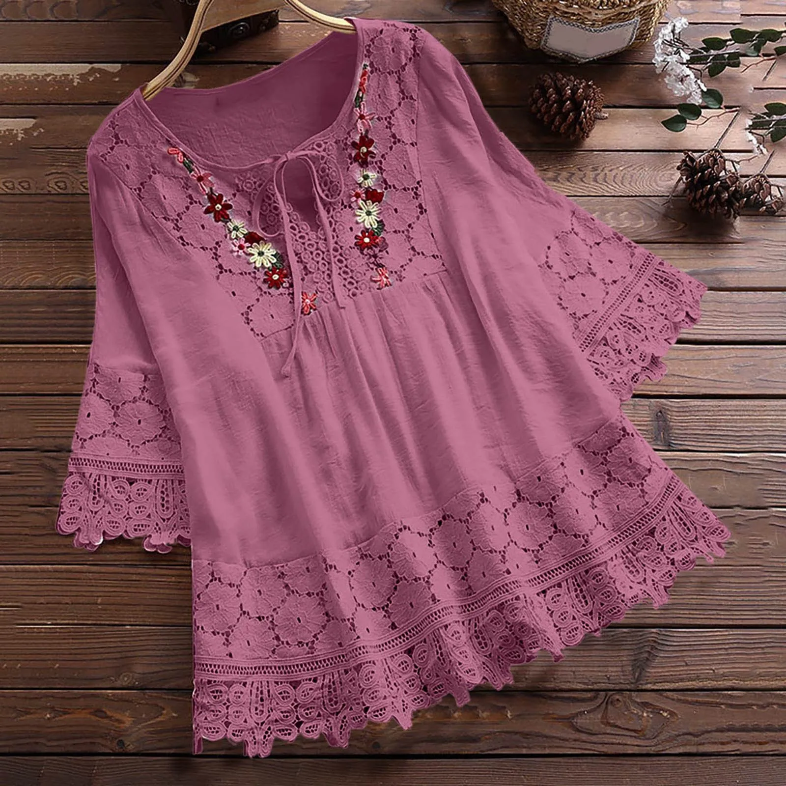 Women Ethnic Cotton Blouse Mori Girl Clothing Retro Lace Patchwork Blouse Flower Pleated Tunic Solid V-Neck 3/4 Sleeve Shirts