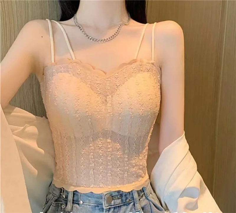 Camisole double bulle en dentelle pour femmes, coussinets de poitrine portés à l'intérieur, plis jumelés, fille épicée, rassemblement de sous-vêtements comme base, nouveau