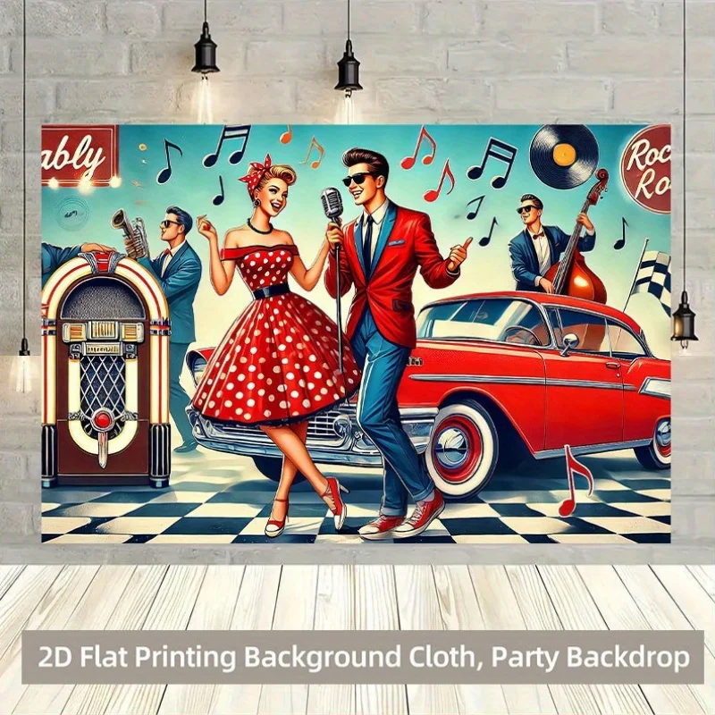 2D flat, 1pc retro music party background - retro 1950s rock theme with red cars, microphones and speakers - view 2