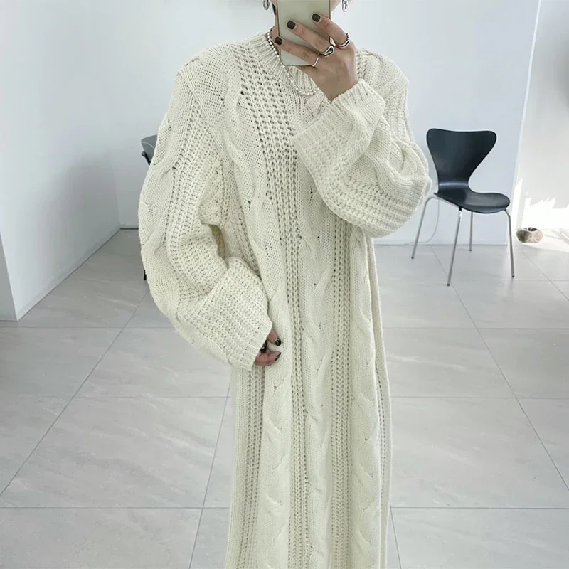 

Korean Long Knit Dress Women Fall Oversized O-neck Sweater Dresses Vestido Winter Twist Thicken Black Knitted Clothing