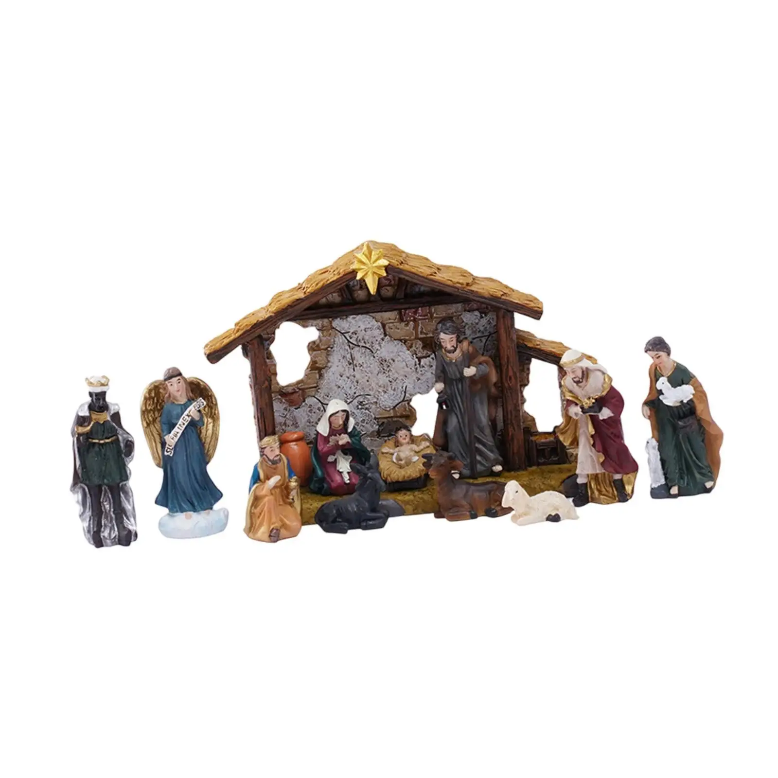 12x Christmas Nativity Figurines Christmas Decorations Nativity Stable Ornament Craft Baby Jesus Manger Scene for Fireplace