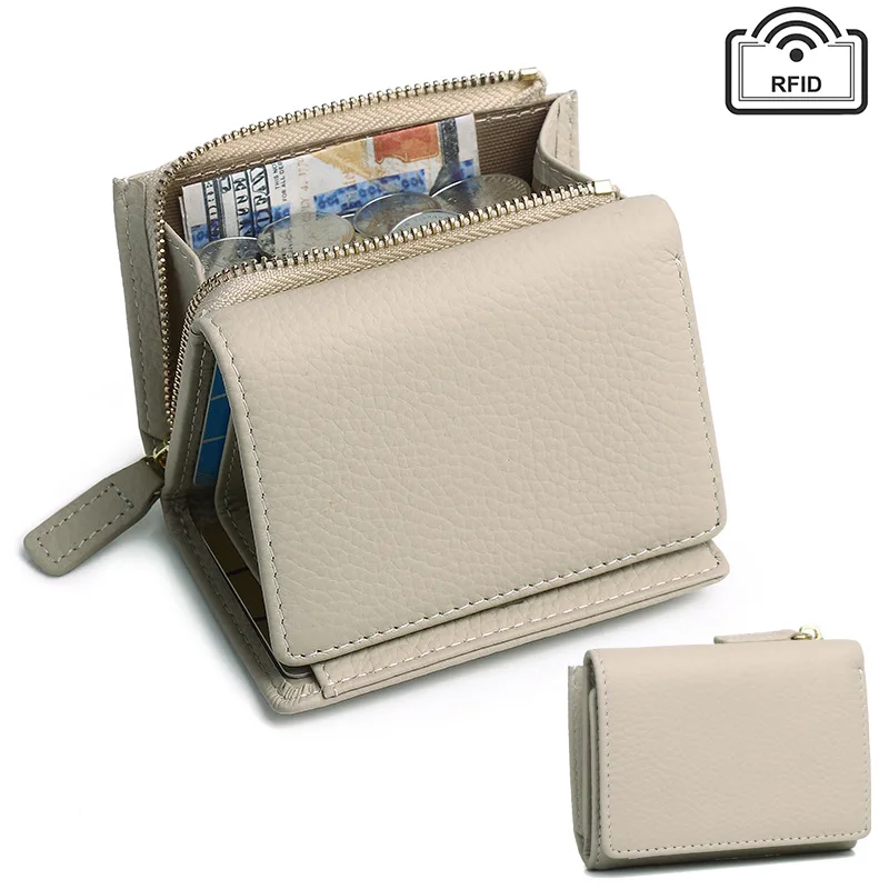 Leather wallet women short Japanese style zipper small card holder multi-card slot compact coin purse
