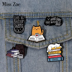 This Is Life Enamel Pins Custom Cats Books Coffee Brooches Lapel Badges Animal Pet Reading Jewelry Gift for Kids Friends