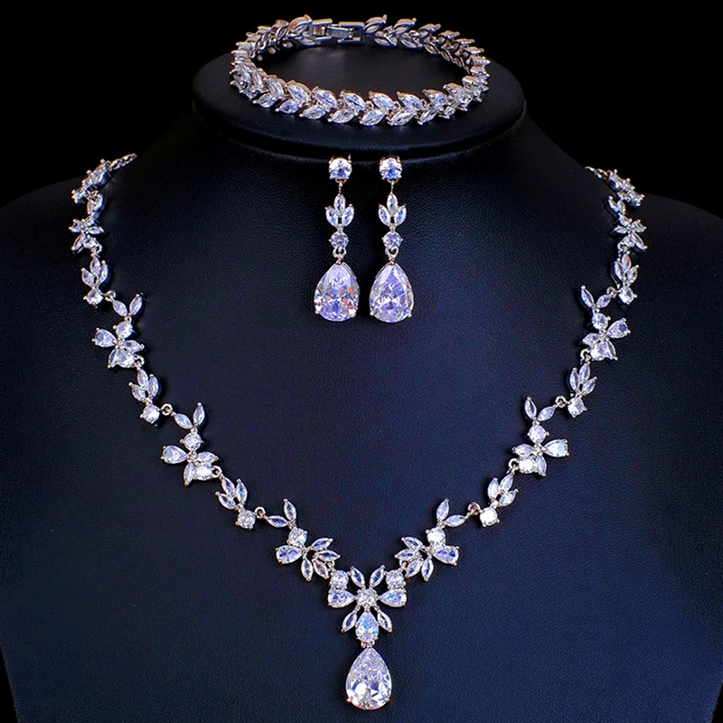 Ekopdee Gorgeous New Luxury Shiny Cubic Zirconia Teardrop Necklace Earrings Bracelet Jewelry Sets For Wedding Women Jewellery