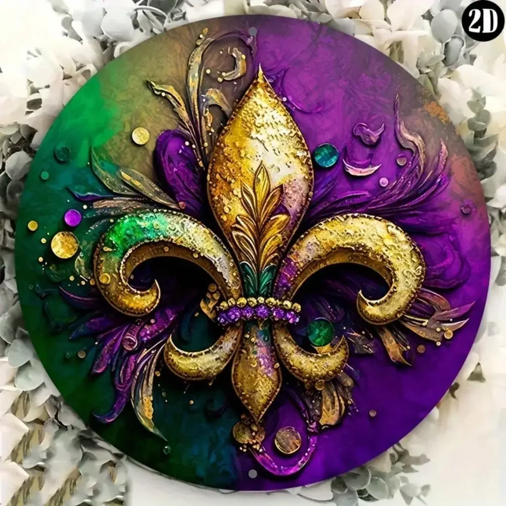 Round Aluminum Chic Purple Fleur De Lis Mardi Gras Wreath Sign - Perfect Halloween & Christmas Decor, Ideal Wall Art for Kitchen