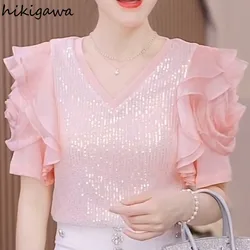 Sequin Women Blouses V-neck Floral Short Sleeve Shirts 2024 Blusas Mujer De Moda Summer Loose Tops Fashion Sweet White Blouse