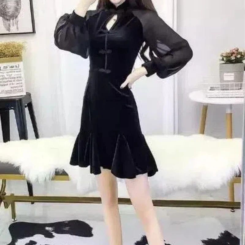 Pullover da donna primavera autunno tinta unita girocollo minigonne stile cinese sirena a-line Bag Hip Office Lady Dresses