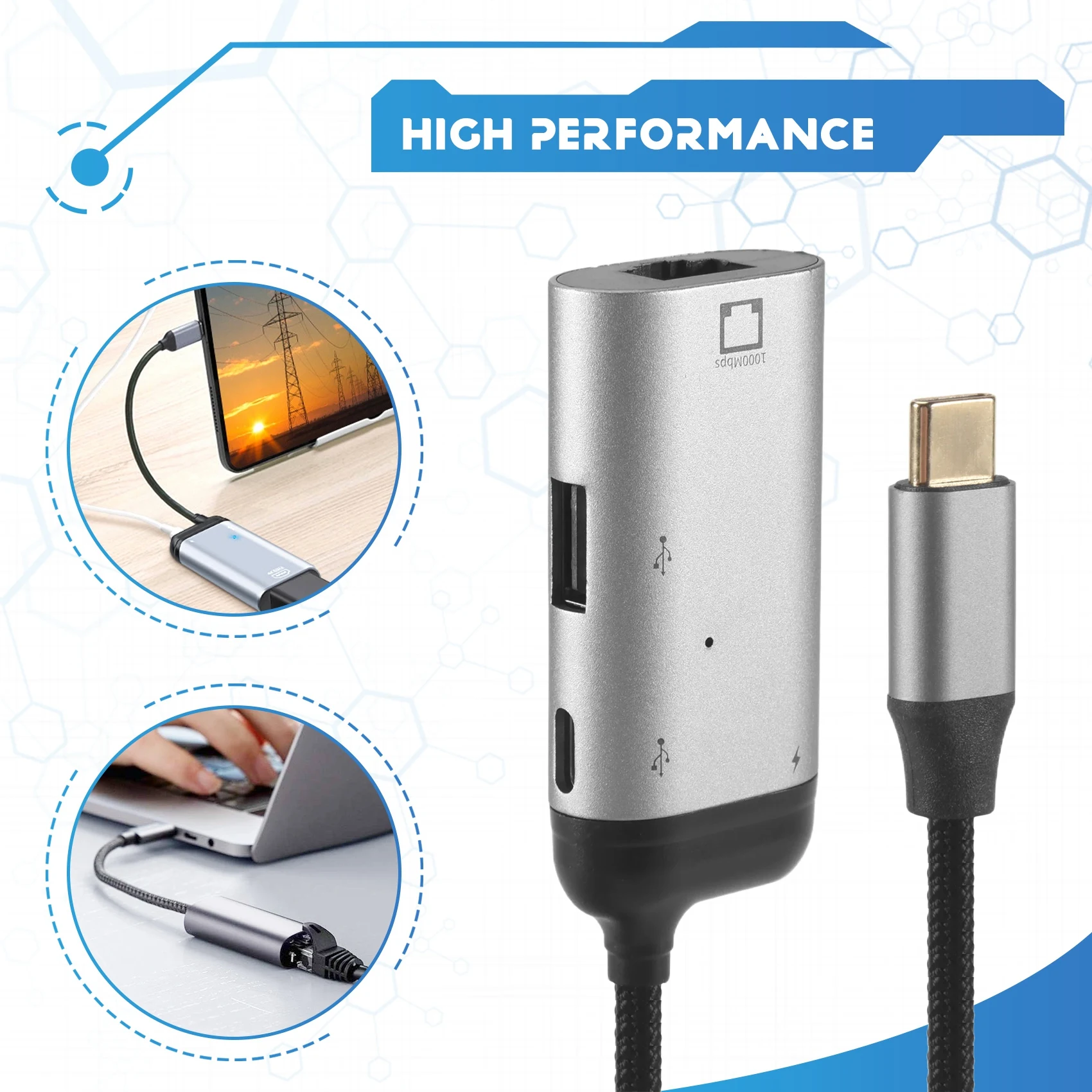 ABUO 3 in 1 Type-C to Gigabit Ethernet RJ45 LAN PD Charging USB C Data Port Converter Adapter for
