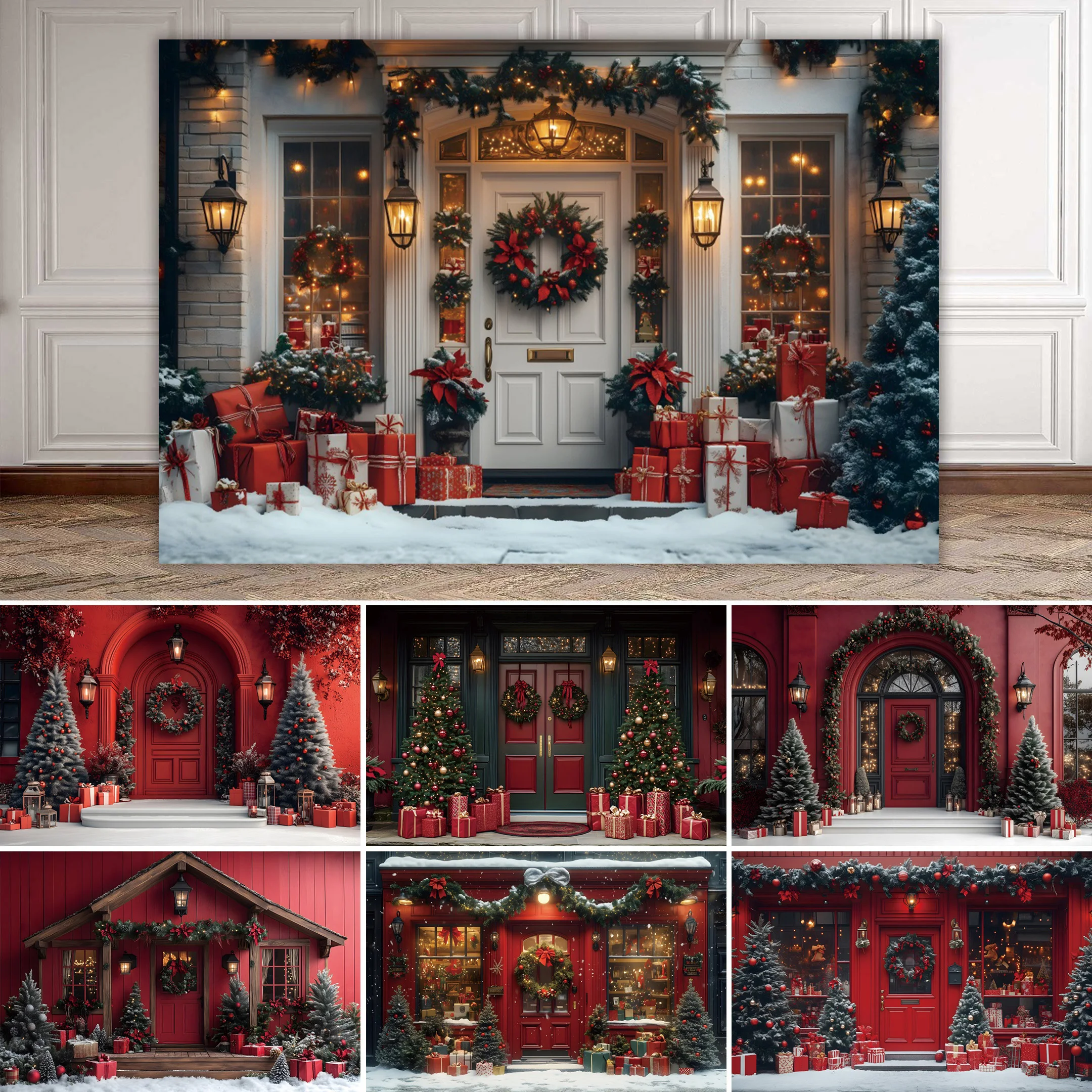 

Winter Christmas Photography Background Doorway Wreaths XMAS Trees Store Showcase Festive Gifts Family Portraits Decor Backdrop