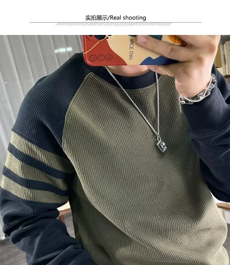 New Men's Long Sleeved Round Neck Pullover Casual Base Sweater with Vertical Stripe Splicing Contrasting Color Sweatshirt XJ170