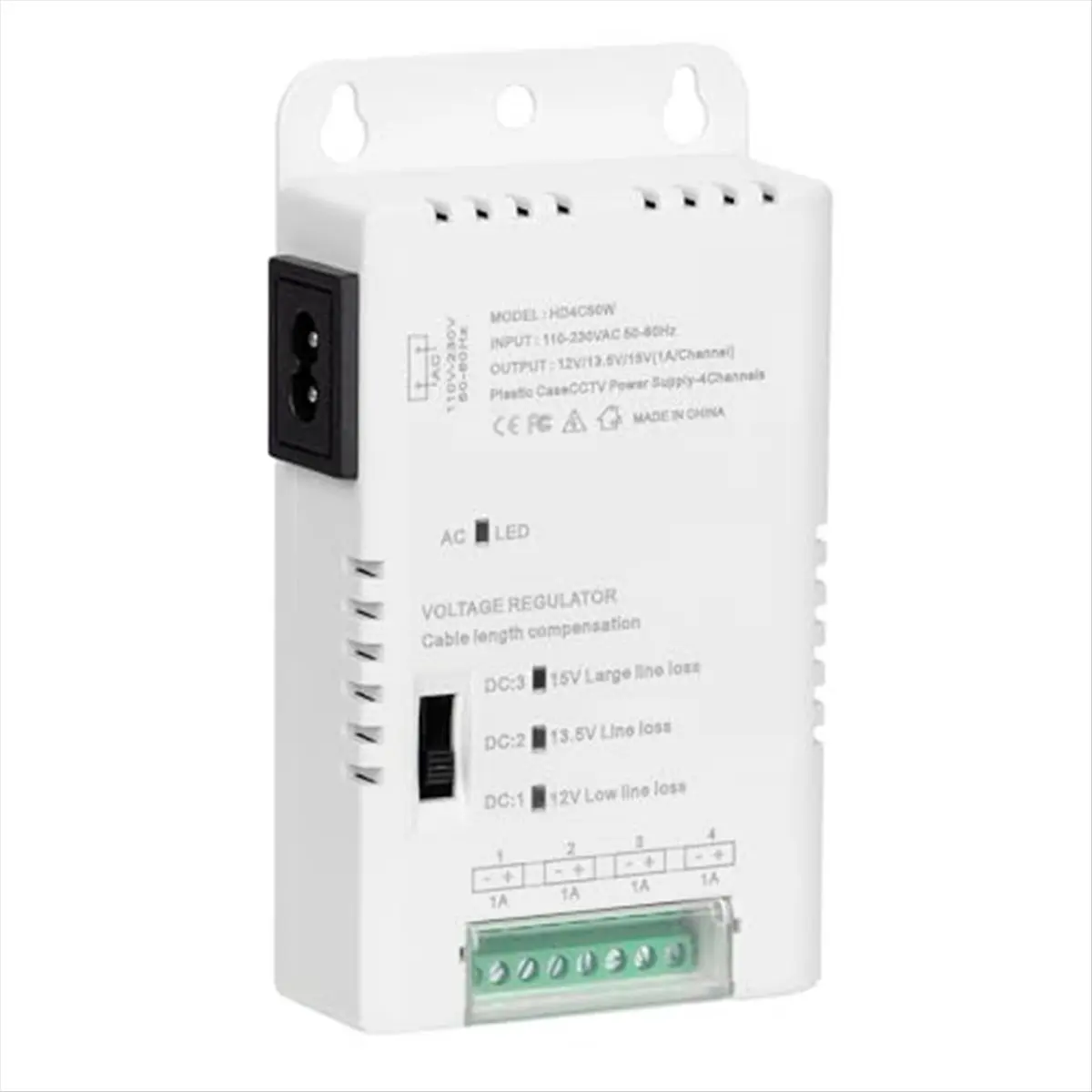 

CCTV Camera Power Supply Distribution Power Supply 90V-264VAC Input to 12V-13.8-15VDC Output 4 Channel, HD4C50W-BCBW
