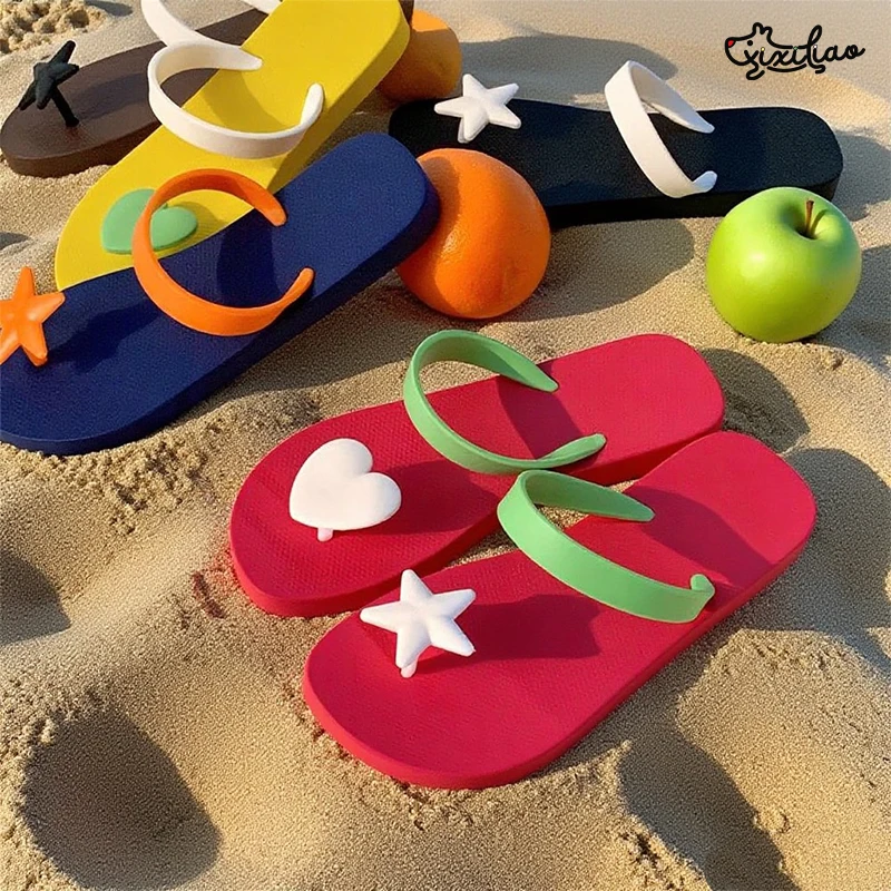 XIXITIAO 2026 Summer Funny Flip-Flops For Women Fashion Cute Anti-Slip Beach Sandals Color Blocking Outdoor Vacations Footwear
