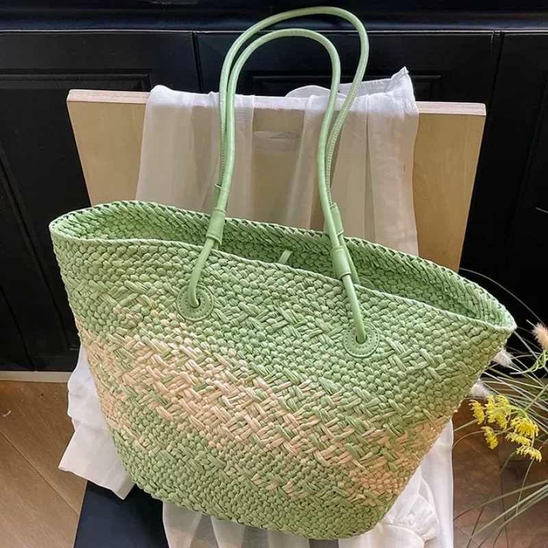 French Multi-color Ombre Woven Tote,color-block Design Bohemian Style Beach Travel Large Capicity Shoulder Bag,puleather Handle