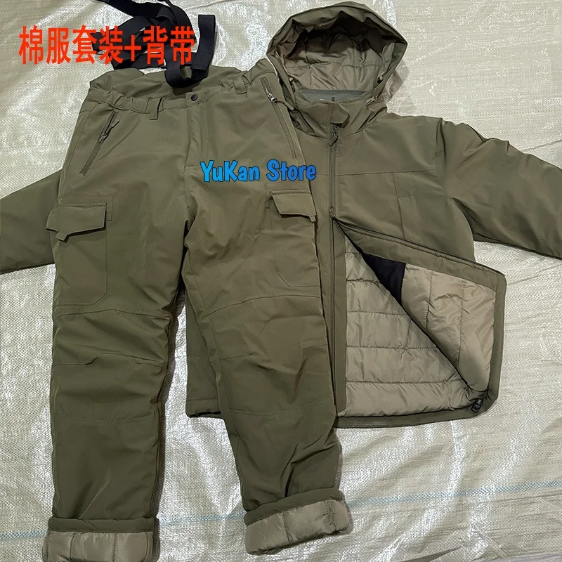 

Outdoor thick cotton jacket and pants set with suspenders for warmth, tactical hunting suit