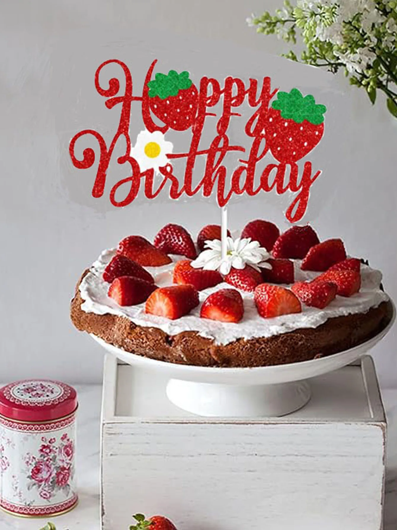 1 PC Strawberry Happy Birthday Cake Topper Dekoracyjny znak, czerwony brokat Dekoracja imprezowa Rekwizyty, przyjęcie urodzinowe Tort Supplies. — zdjęcie 4