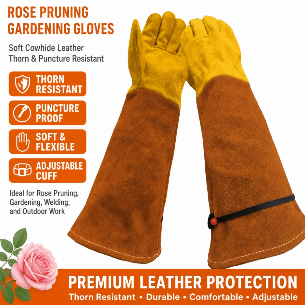 Cowhide Long Gardening Gloves Thorn Proof Breathable Rose Pruning Leather Gloves Heat-Insulated Non Slip Welding Work Gloves