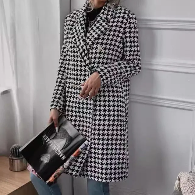 

Женское длинное твидовое пальто, Новое осеннее поступление, двубортная повседневная верхняя одежда с принтом «гусиные лапки», модная универсальная одежда