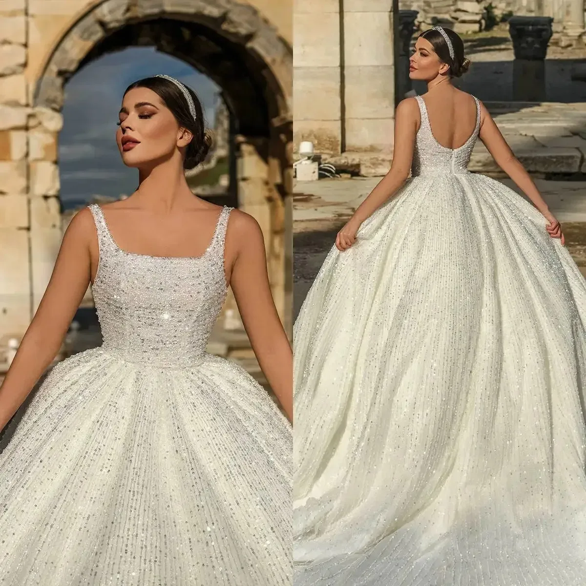 2026 فساتين زفاف فاخرة على شكل كرة رقبة مربعة لامعة مثيرة بدون ظهر فستان زفاف متألق Vestidos De Novia مخصص