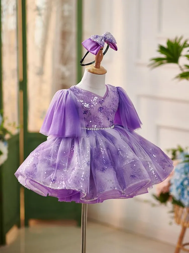 High-End Children's Princess Evening Gown Pearls Sequin Design Kids Wedding Birthday Baptism Eid Party Girls Perform Dress A3439 image 4